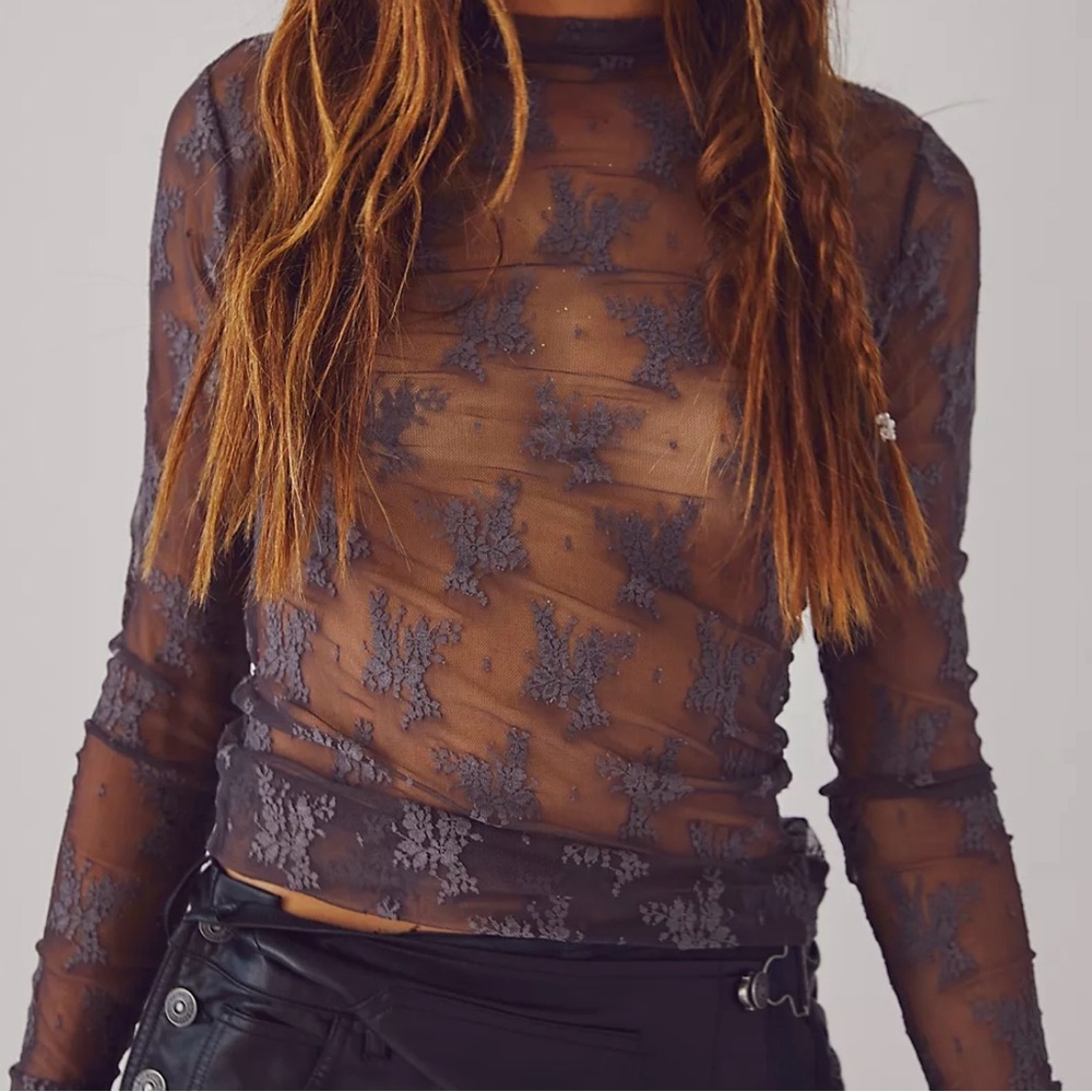 Free People Sheer Lace Long Sleeve Top - Purple/ Gray